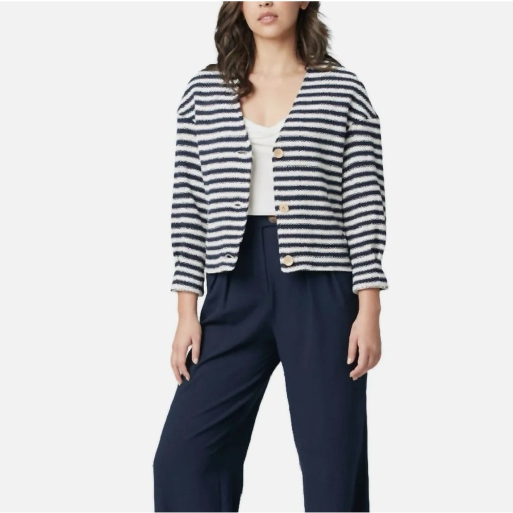 Iris Setlakwe Women’s Collarless Bomber Knit Blazer Jacket Navy White Size 4